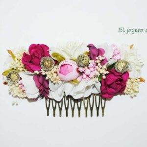Peineta flores rosas y bugamvillas.