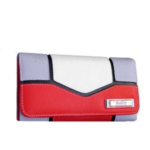 Cartera blanca, malva y roja.