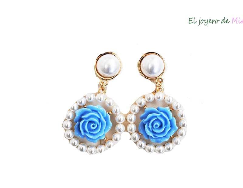 Aros perlas flor azul