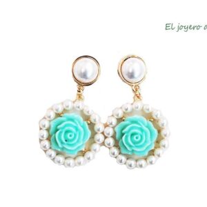 Aros perlas flor turquesa