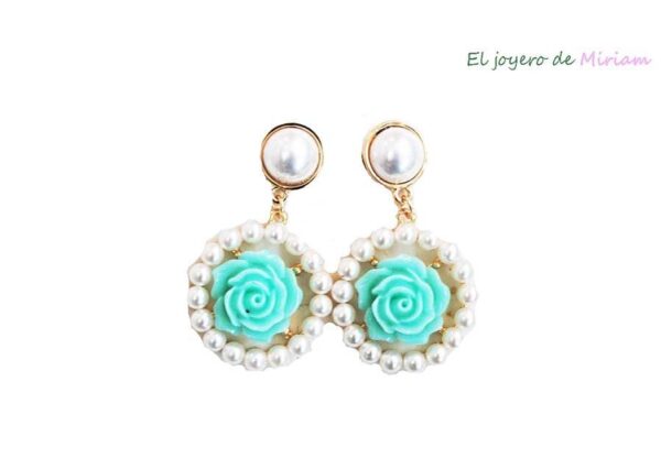 Aros perlas flor turquesa