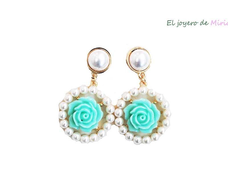 Aros perlas flor turquesa
