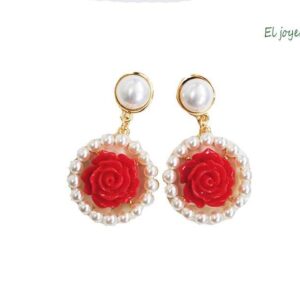 Aros perlas flor roja