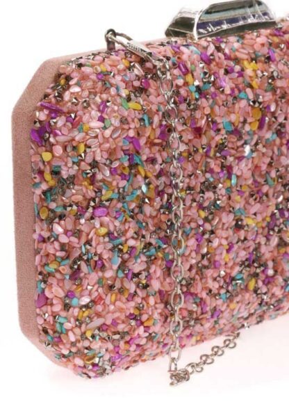 Bolso clutch rosa con pedrería - Imagen 2