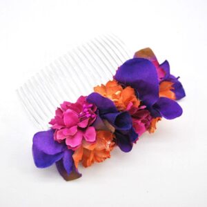 Peineta flores moradas y naranjas