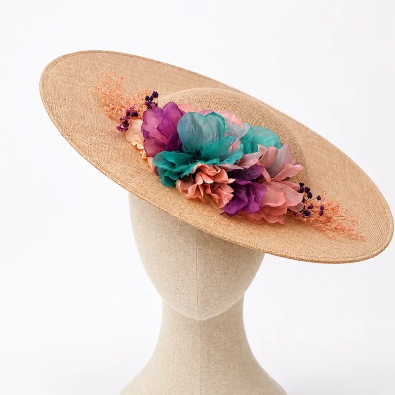Tocado rosa, turquesa y morado