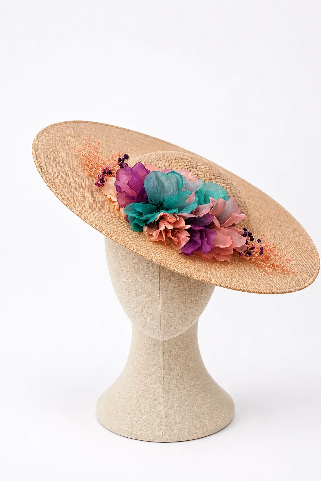 Tocado rosa, turquesa y morado