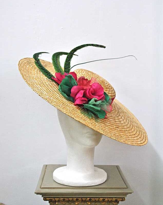 Tocado paja fucsia y verde