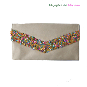 Cartera beige piedras multicolor