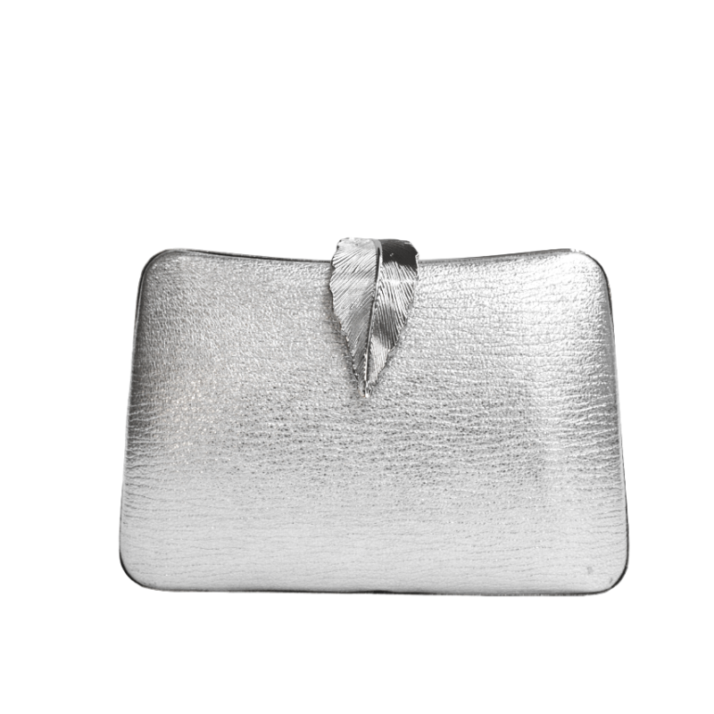 Bolso clutch plateado hoja