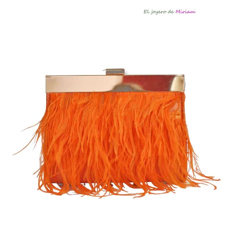Bolso clutch naranja plumas