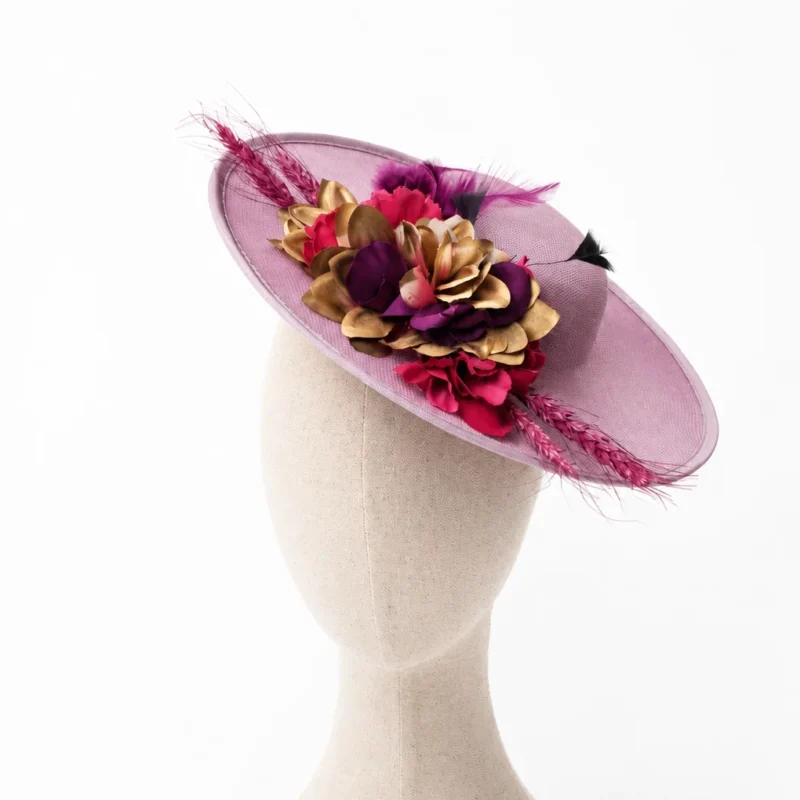 Tocado canotier malva