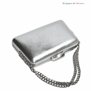 Bolso clutch plateado asa cadena