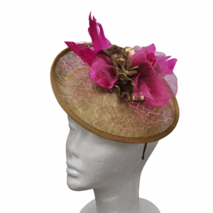 Tocado plato dorado y fucsia