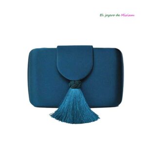Clutch raso azul petróleo flecos