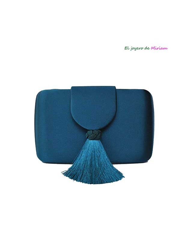 Clutch raso azul petróleo flecos