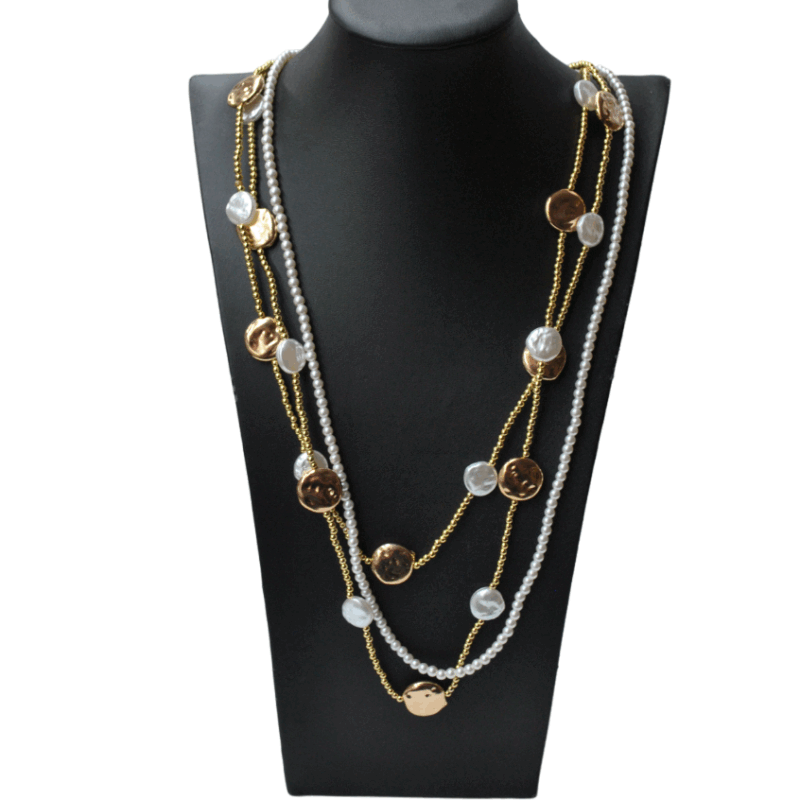 Collar largo dorado con perlas