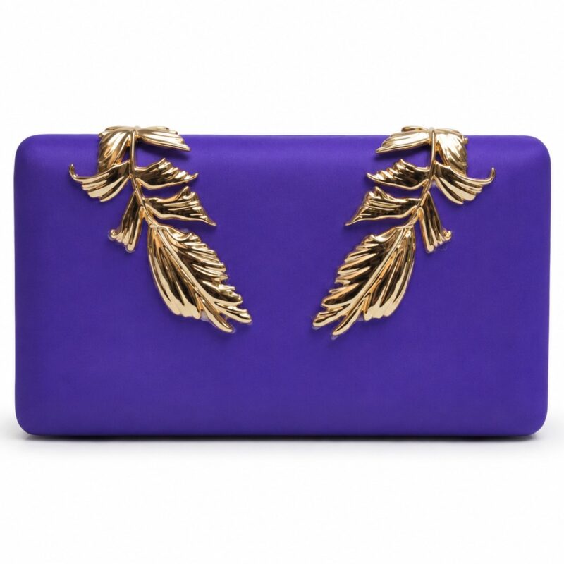 Clutch raso morado hojas oro