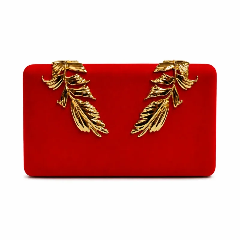 Clutch raso rojo hojas oro