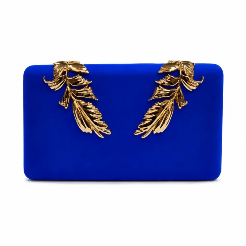 Clutch raso azul hojas oro
