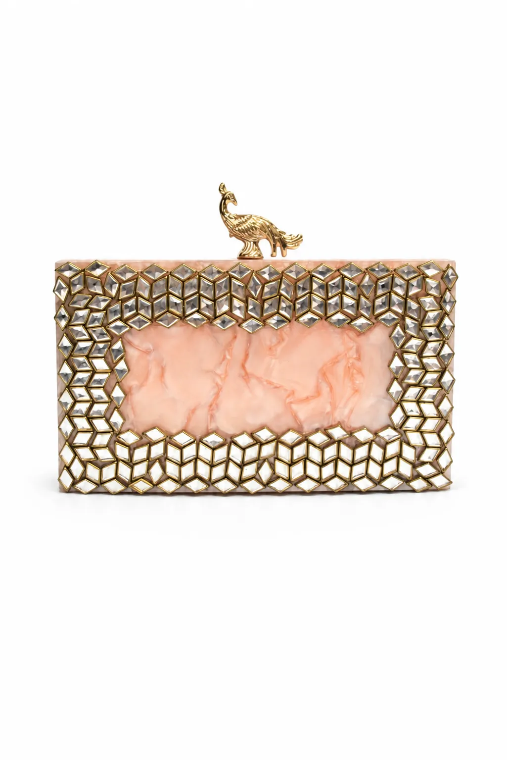 Clutch nácar rosa cierre pavo real