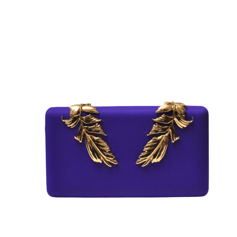 Clutch raso morado hojas oro