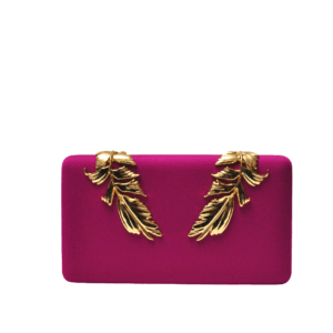 Clutch raso fucsia hojas oro