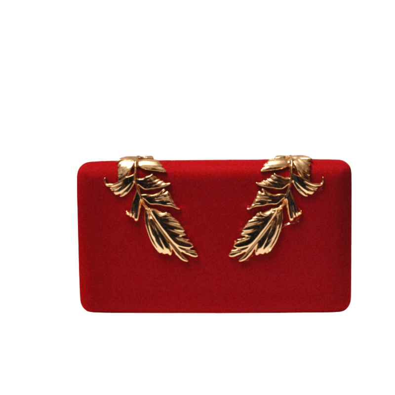 Clutch raso rojo hojas oro
