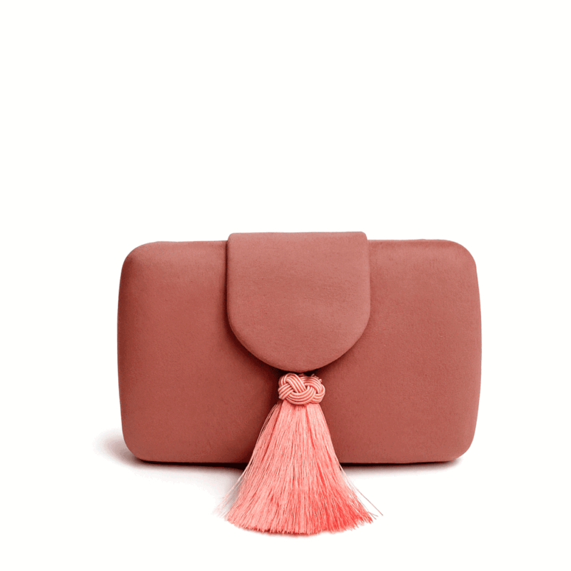 Bolso clutch rosa pompón flecos
