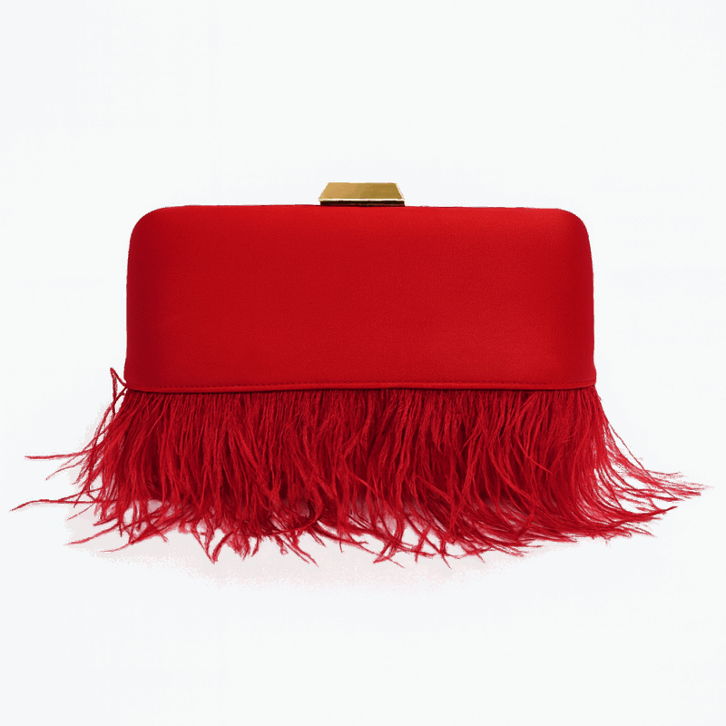 Bolso clutch rojo plumas