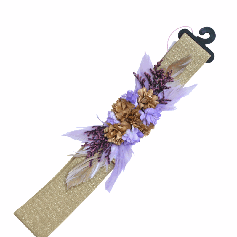 Cinturón dorado flores malvas