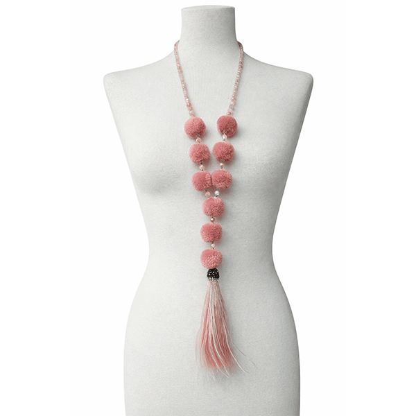 Collar largo rosa pompones y plumas
