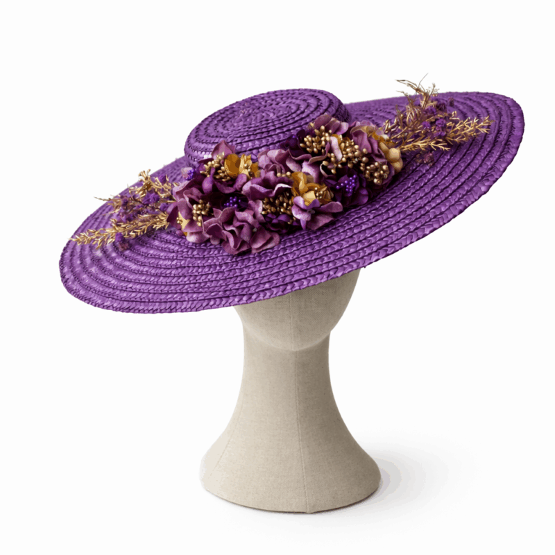 Tocado de fiesta morado rafia