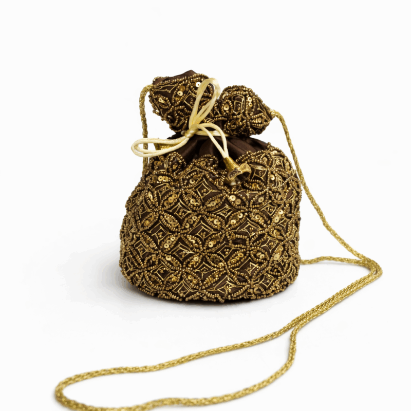 Clutch bombonera chocolate y oro