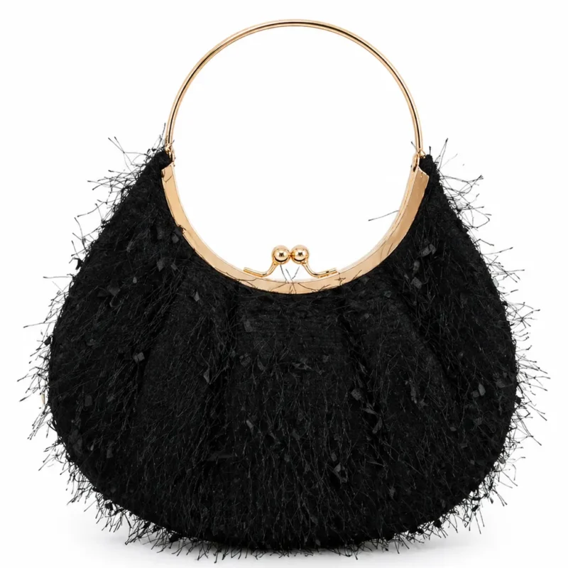 Bolso clutch tweed negro asa oro