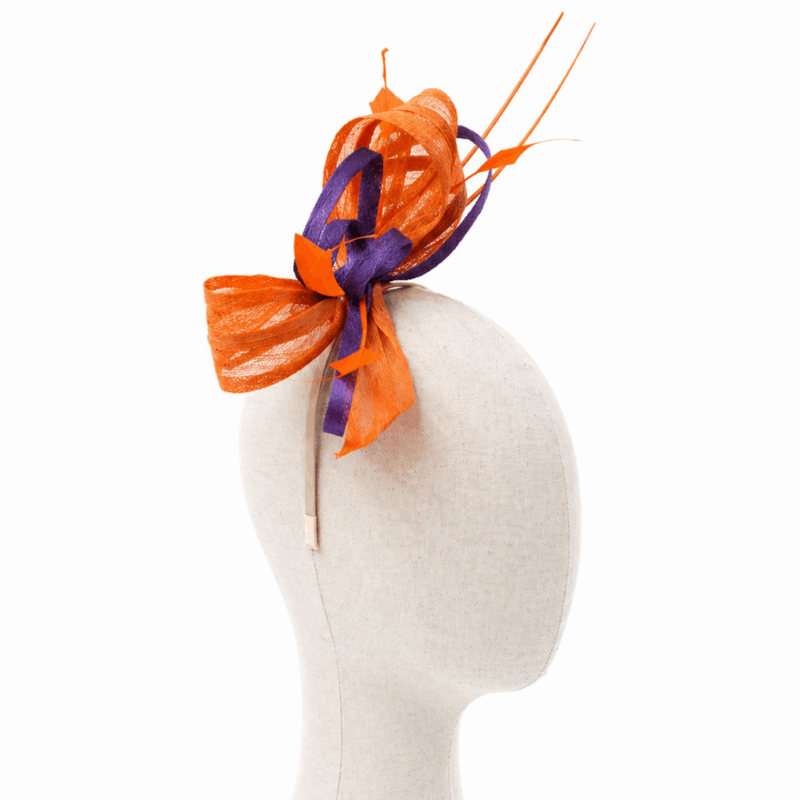 Tocado de fiesta naranja y morado