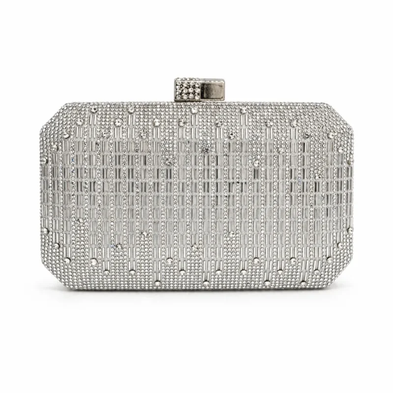 Bolso clutch plateado pedrería cierre joya
