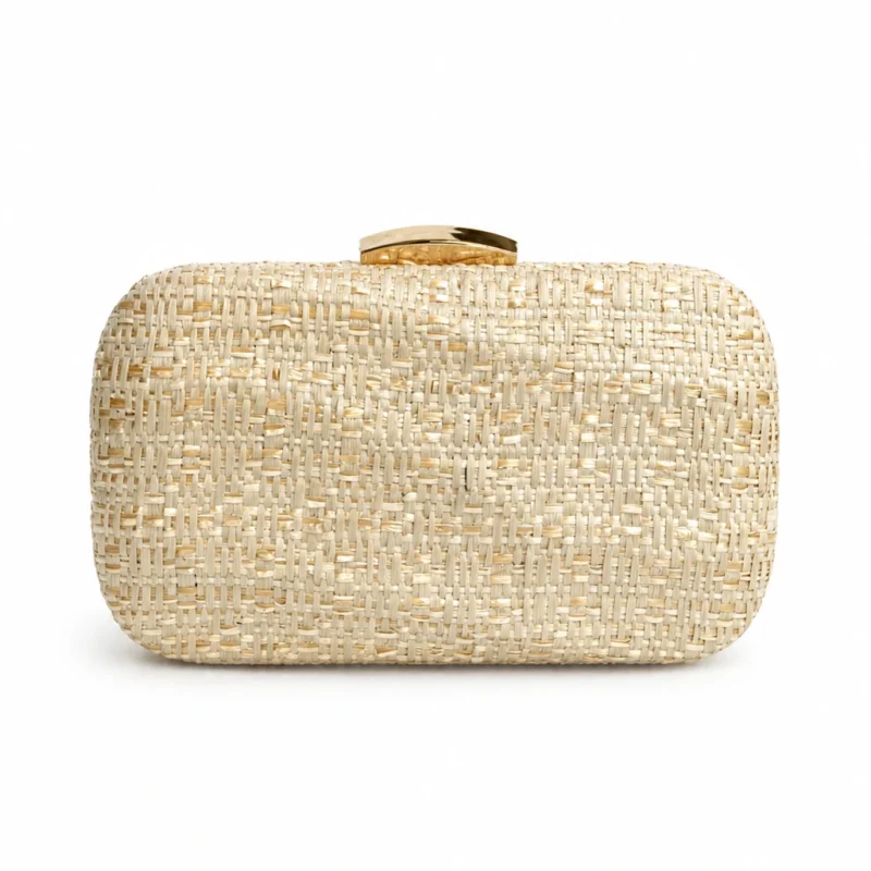 Bolso clutch rafia natural hilo dorado