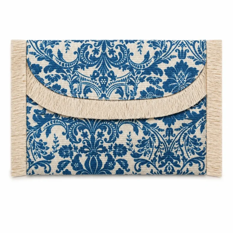 Bolso o cartera estampado azul flecos