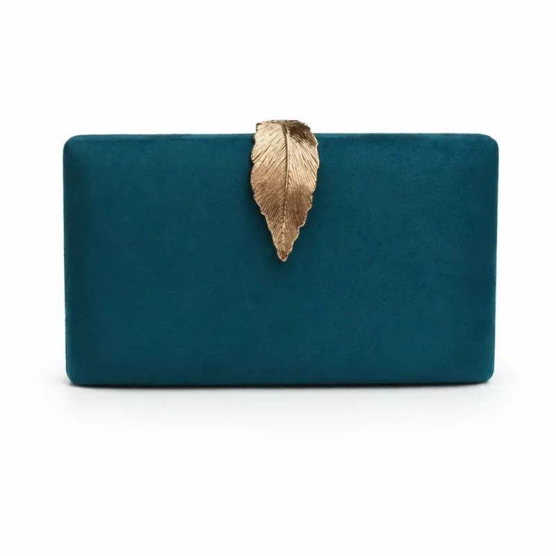 Bolso clutch azul petróleo broche hoja