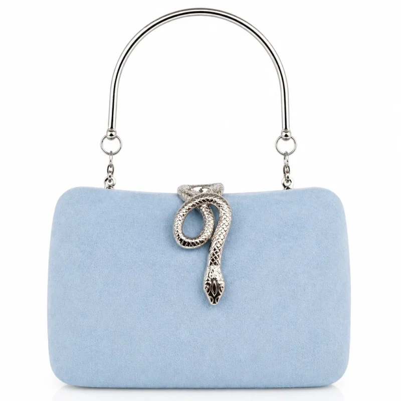 Bolso clutch azul cierre serpiente plata