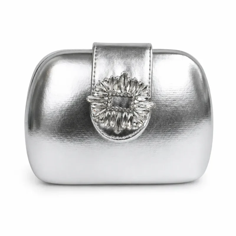 Bolso clutch plata espejo broche joya