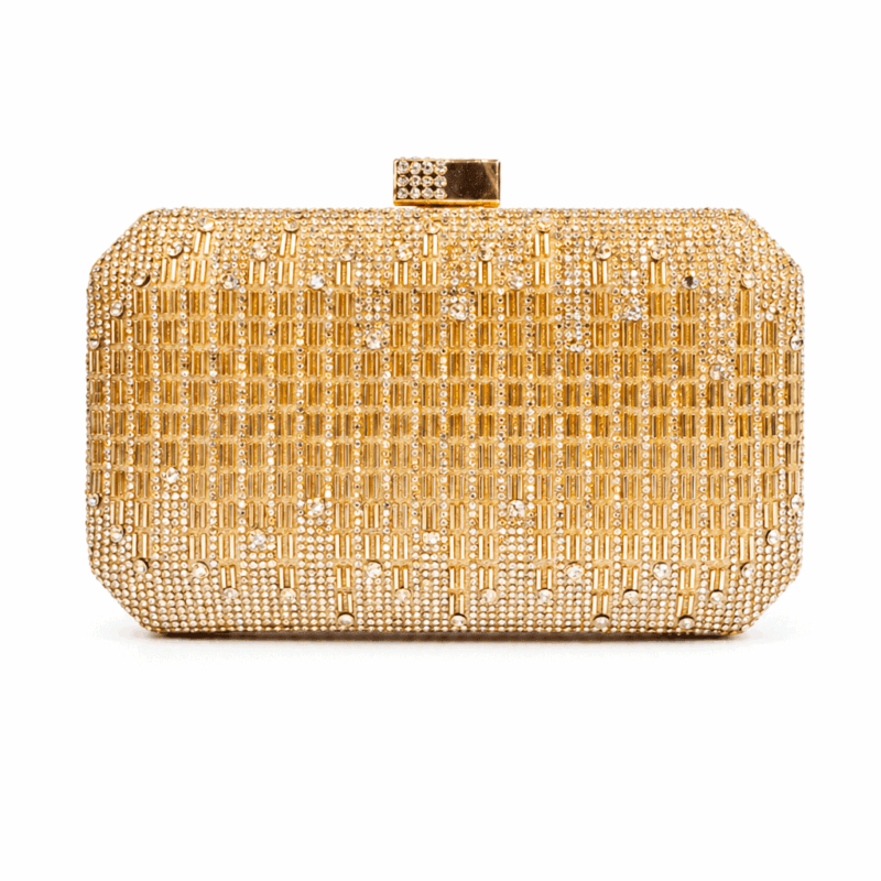Bolso clutch dorado pedrería cierre joya
