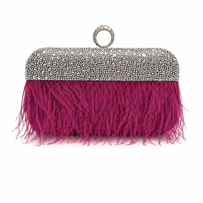 Bolso joya berenjena cristales y plumas