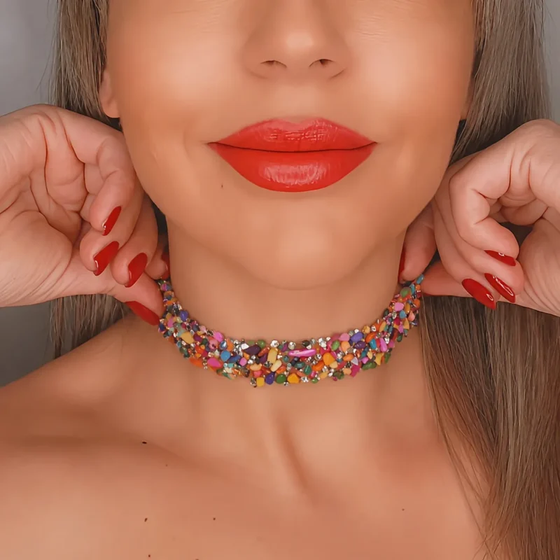 Choker multicolor brillos plata