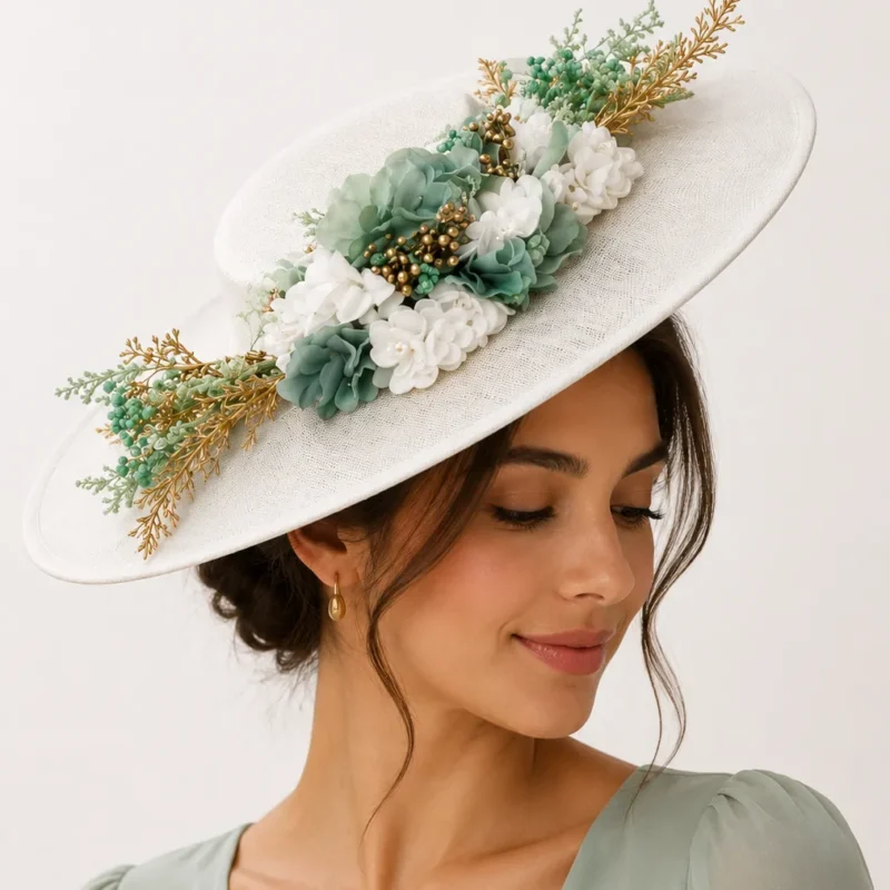 Tocado blanco flores verde agua