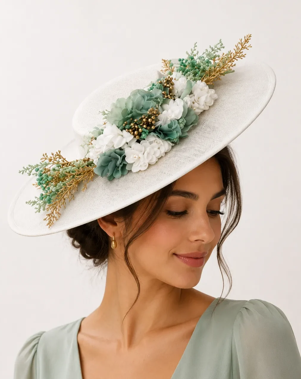 Tocado blanco flores verde agua