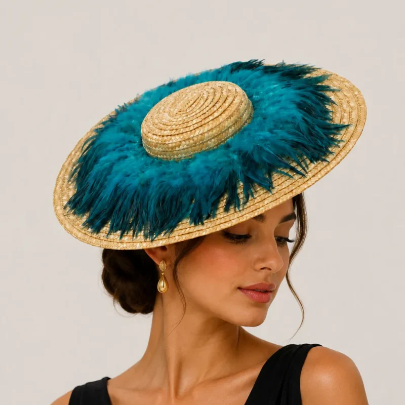 Tocado de fiesta rafia plumas azul pato