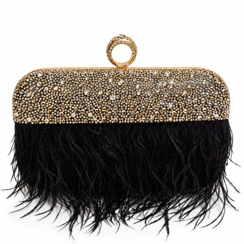 Bolso joya negro cristales y plumas