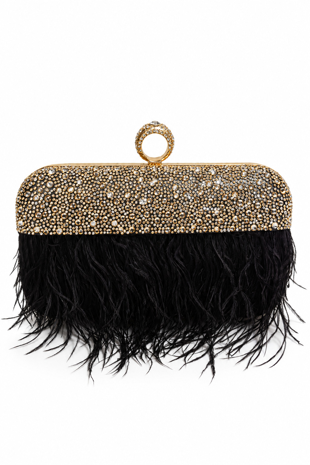 Bolso joya negro cristales y plumas